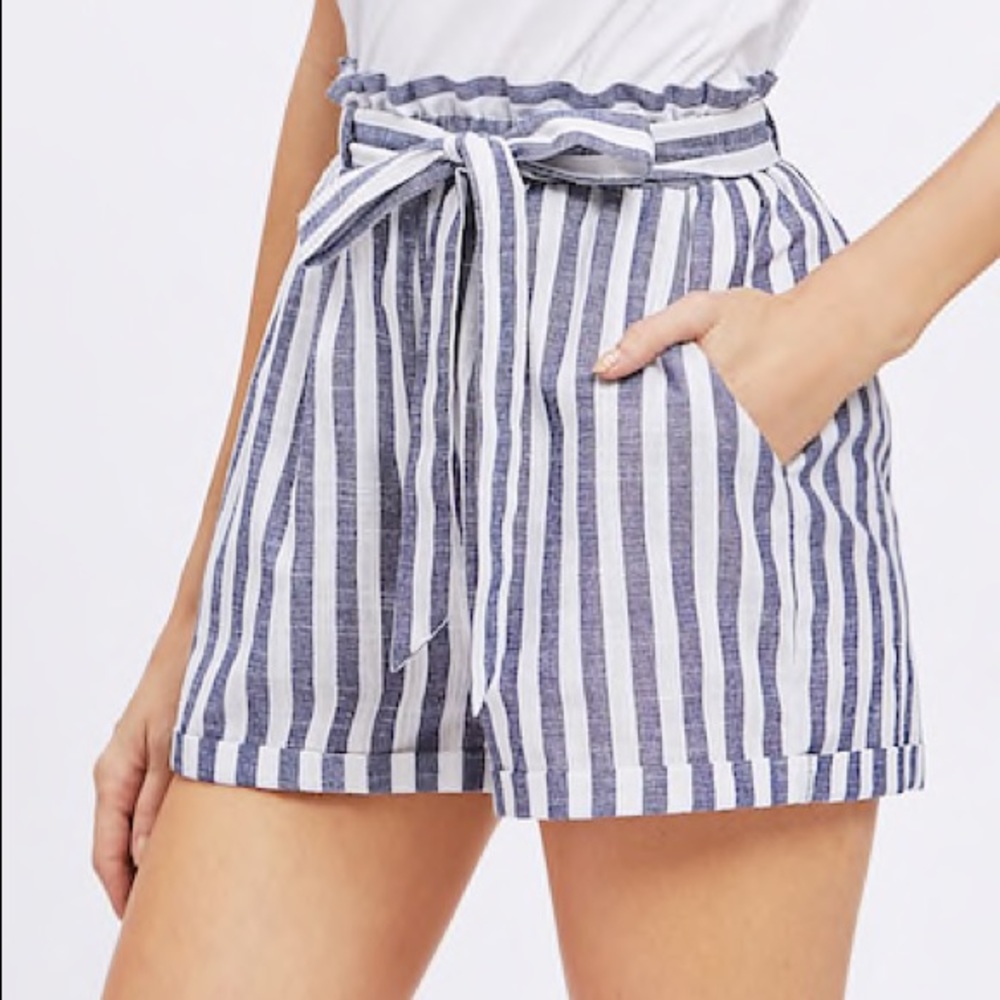 Blue and white paper bag shorts